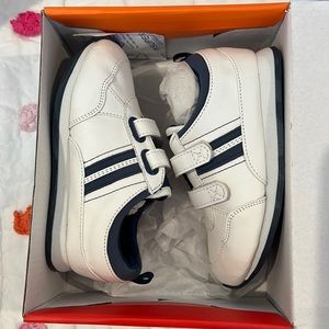 BNIB never worn boys Born Velcro sneakers. White and Navy leather. Size 8.